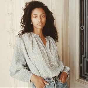 NWT Doen Jane Blouse, China Blue Mini Earl Floral